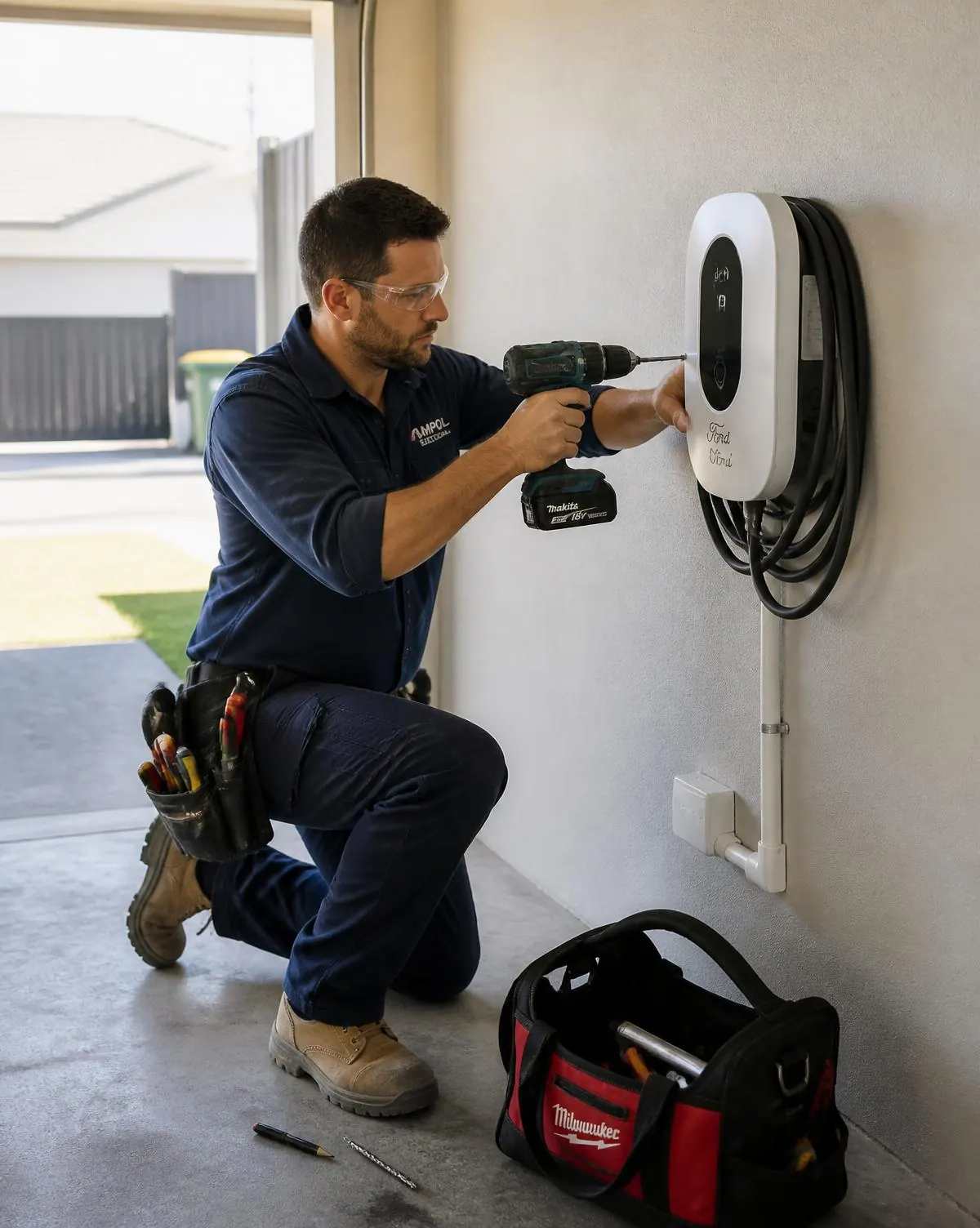 Licensed Adelaide electrician mounting a wall EV charger in a modern Australian garage