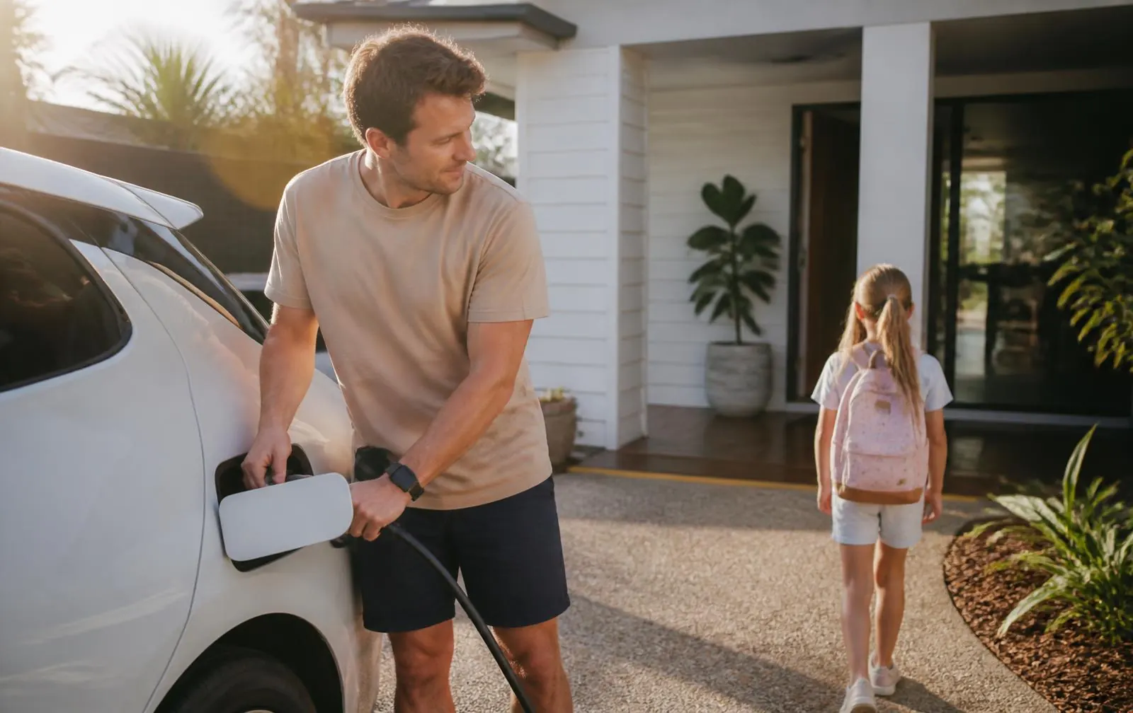 Family arriving home in the afternoon and plugging in their electric car in Adelaide