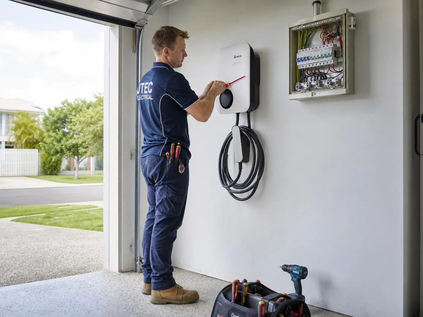 Licensed electrician installing a wall-mounted EV charger in an Adelaide home garage